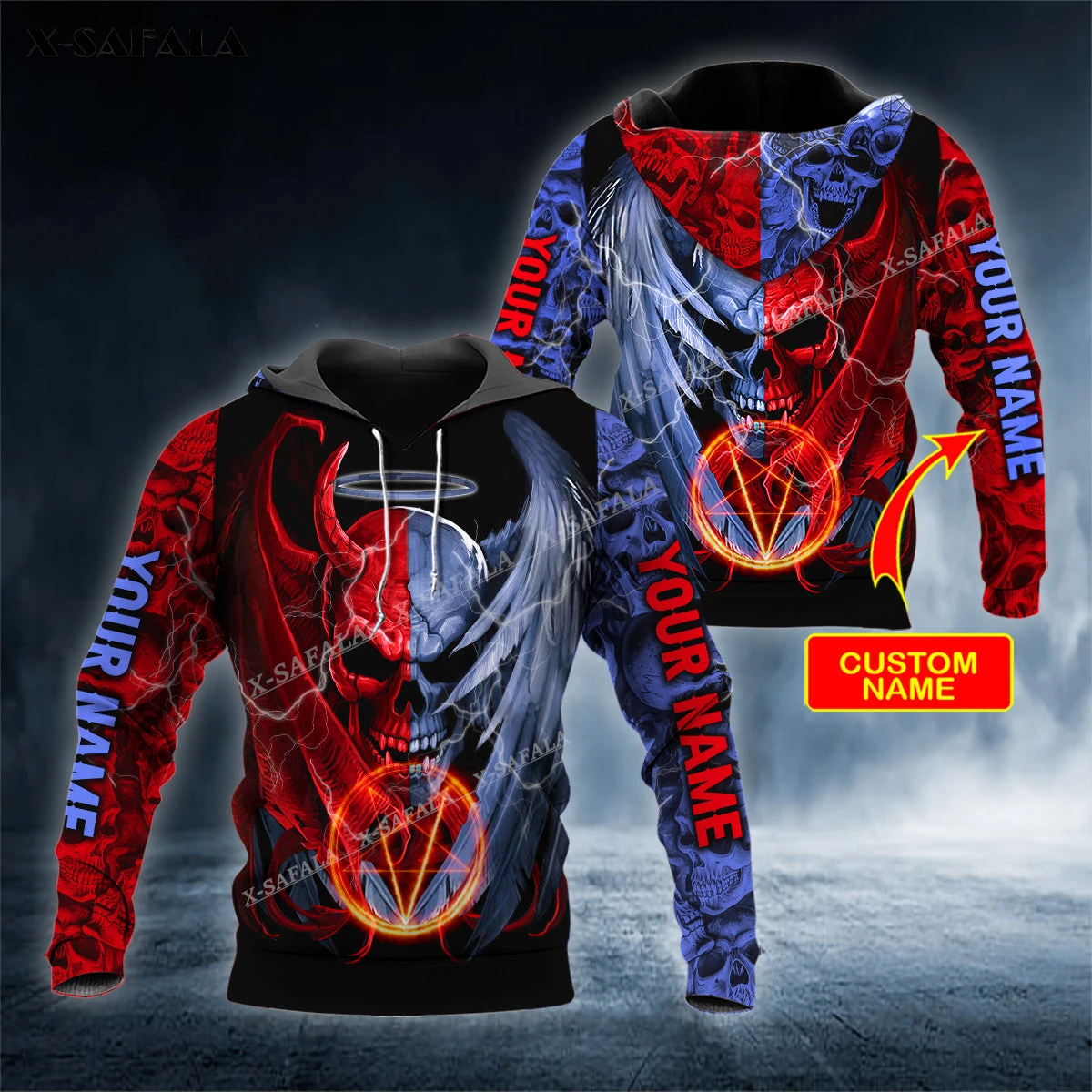 

X-SAFALA Red Blue Angel Devil Heaven Hell Skull 3D Print Zipper Hoodie Men Pullover Sweatshirt Hooded Jersey Tracksuits Outwear