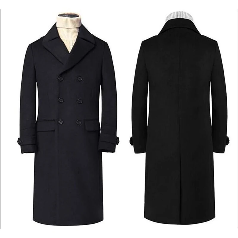 Мужской длинный пиджак черный темно-синий двубортный с лацканами на зиму 1 шт.