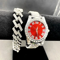 full iced out watch for women bling cuban bracelet green water ghost watch ladies watches women fashion jewelry set gift reloj