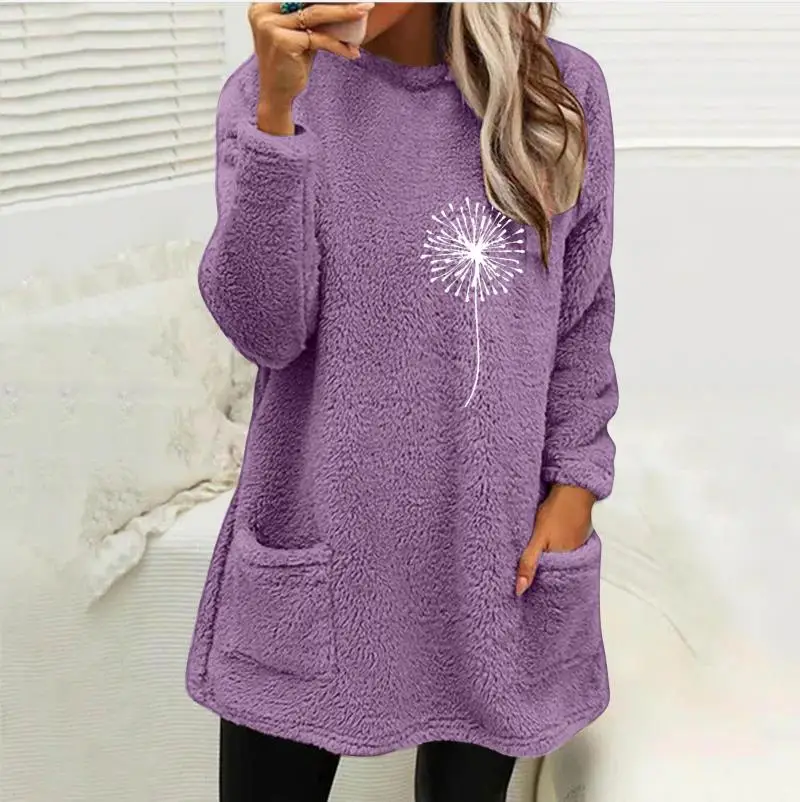 

2023 Autumn/Winter Women's Round Neck Pullover Long Sleeve Pocket Embossed Double sided Velvet Sweater