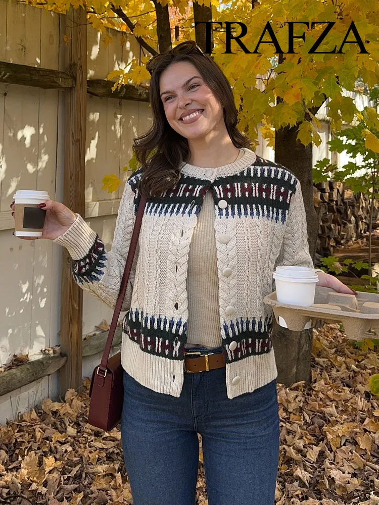 TRAFZA женская осенняя элегантная жаккардовая лоскутная вязаная куртка с длинными