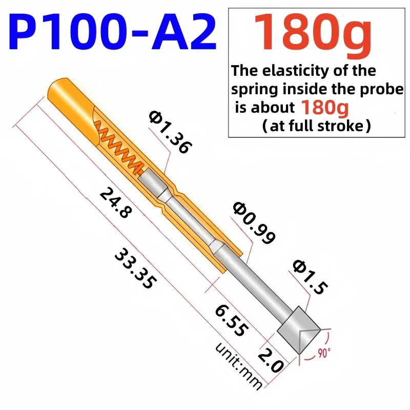 P100-A2 Пружинный испытательный щуп P100-A Тестовый штифт Инструмент для тестирования печатной платы 33,35 мм 1,36 мм Никелированный наконечник 1,5 мм Игла Pogo Pin Force 180 г 80 г