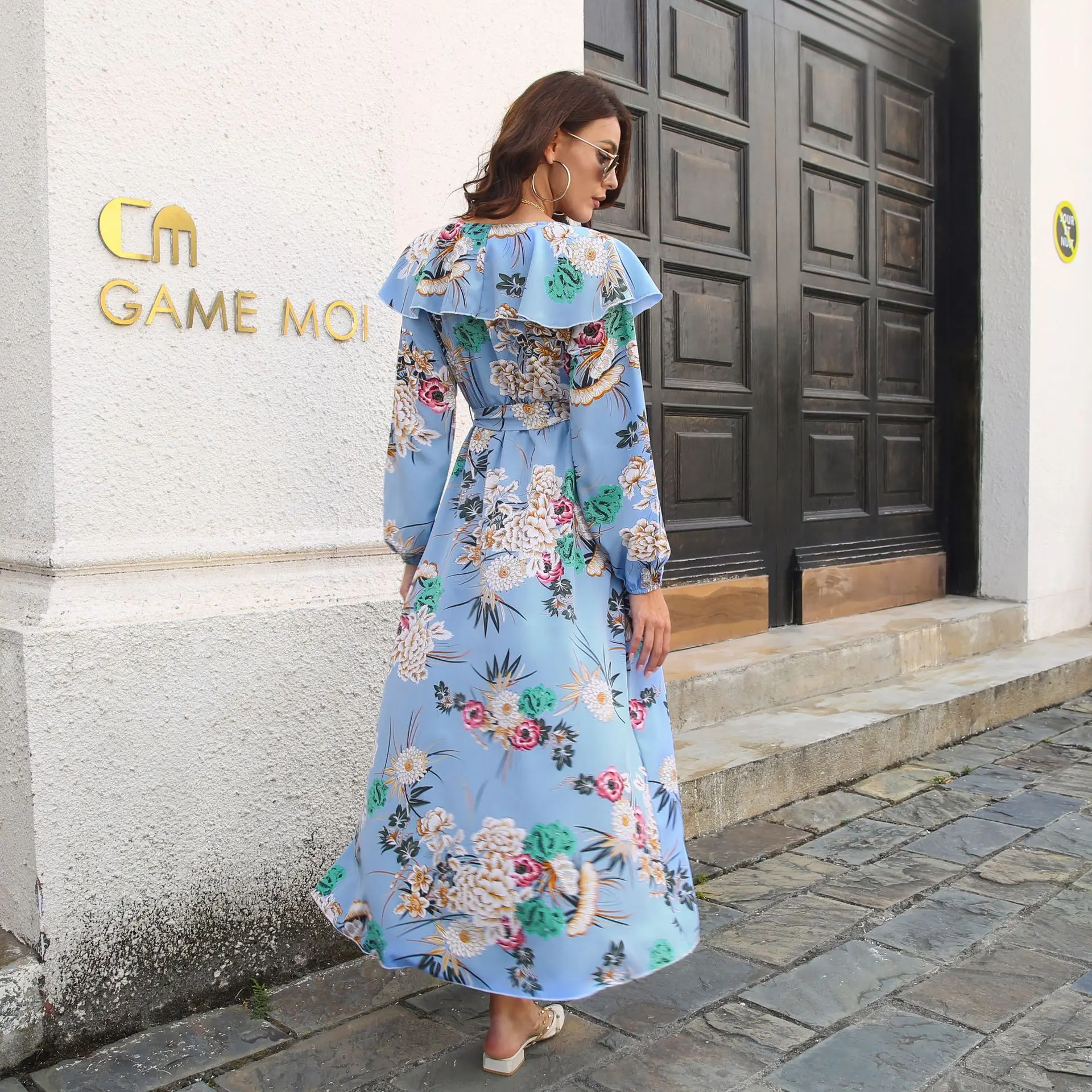 Ruffle Collar Lantern Sleeve Long Sleeve Dress Floral Wrapped Split Swing Long Dress