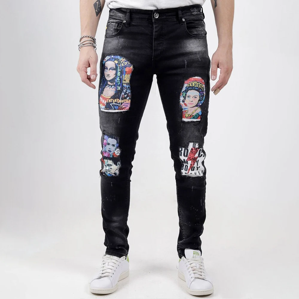 Trendy Men Make Old Washed Printed Pattern Jeans Street Sports Look Thin Design Small Feet Pants Micro Elastic Casual Trousers