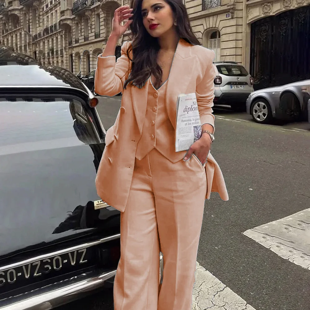 Women's Suit 2023 Spring New Fashion Three-Piece Double Breasted Solid Color Elegant Office Ladies Blazer Female Casual Pantsuit