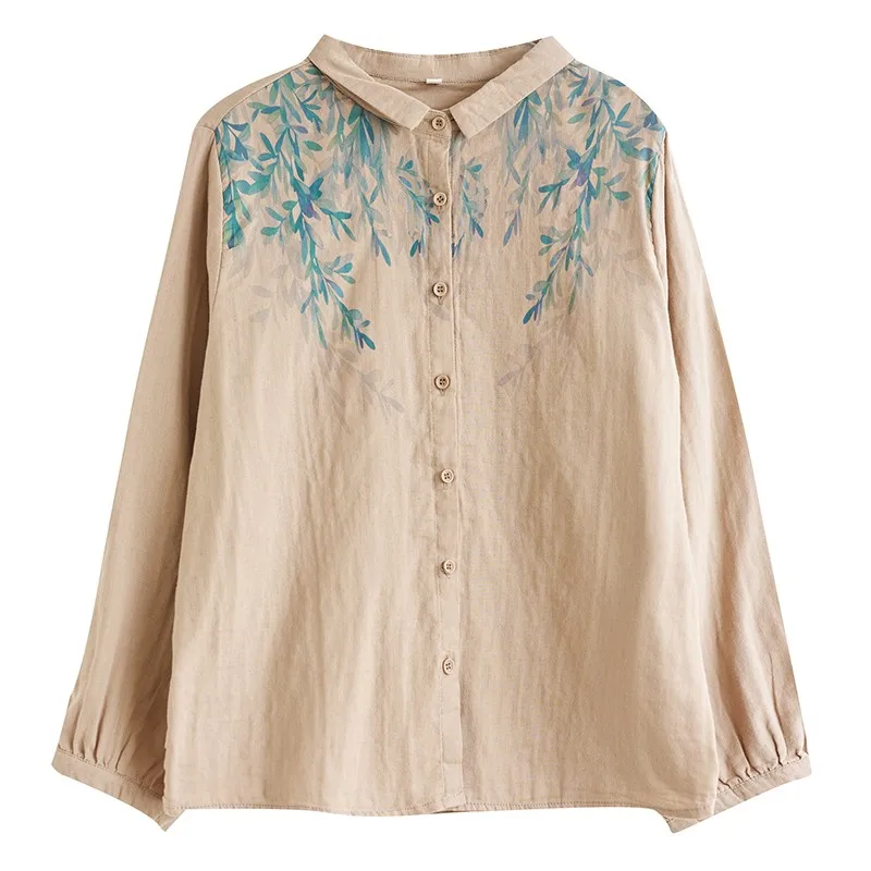 Блузка женская однобортная свободного кроя рубашка из хлопка и льна с винтажным