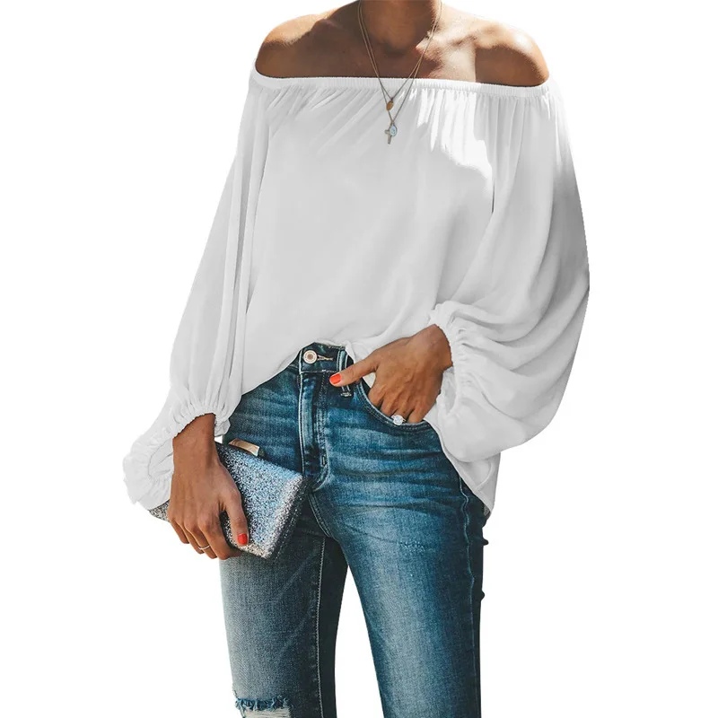 

top women 2023 Autumn New Casual Fashion Off Shoulder Solid Color Simple Lantern Sleeves Off Shoulder Female T-Shirt Streetwear