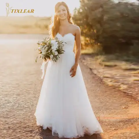 Женское свадебное платье с кружевной аппликацией TIXLEAR, элегантное Тюлевое платье-трапеция до пола с поясом, платье для невесты