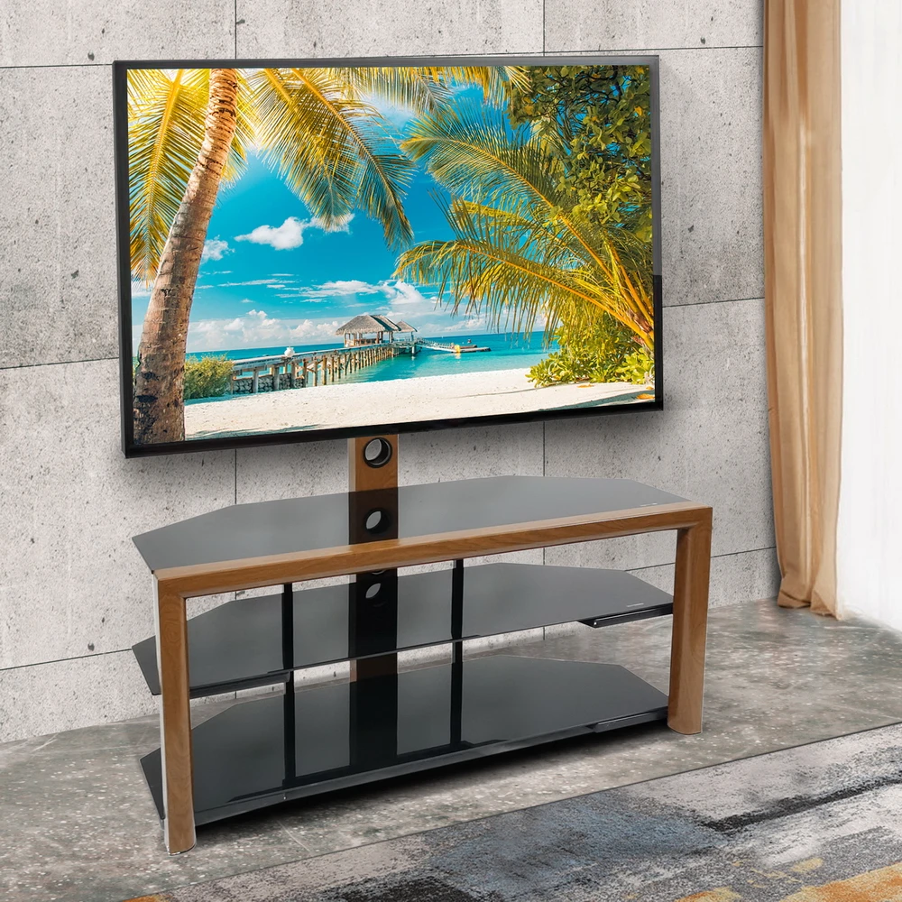 With Swivel Bracket 3-tier Tempered Glass Shelves Wood&black[us-stock]