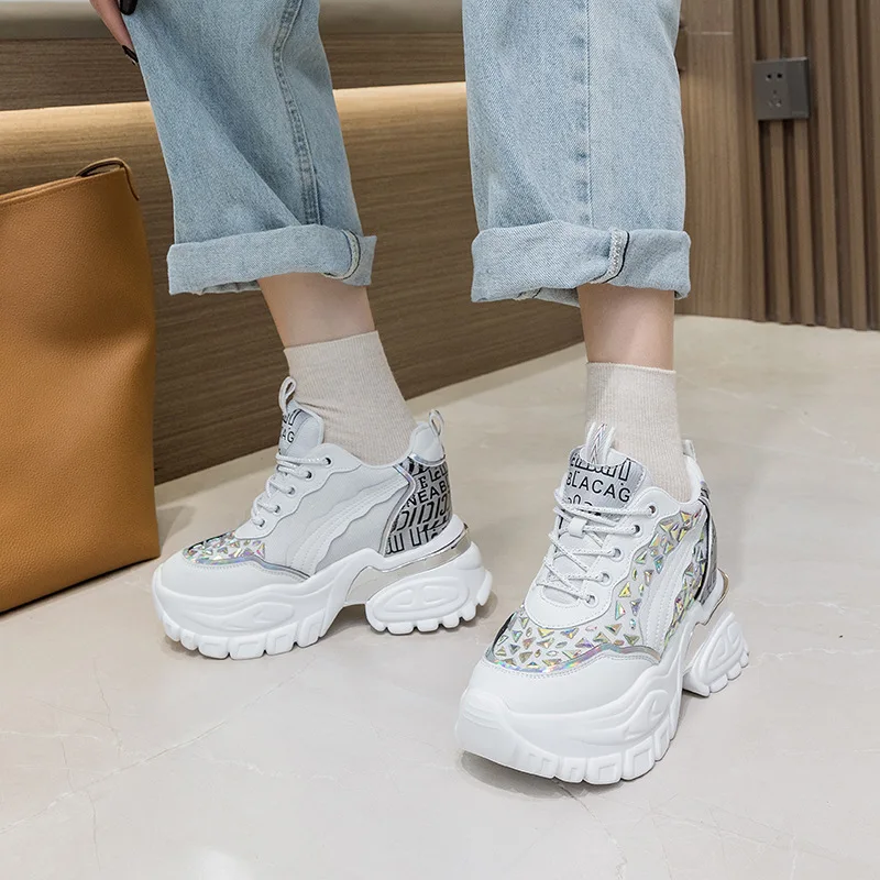 Autuspin 8.5cm Hidden Heels Women Fashion Rhinestone Vulcanize Shoes Spring Summer Genuine Leather Platform Wedge Sneaker Woman