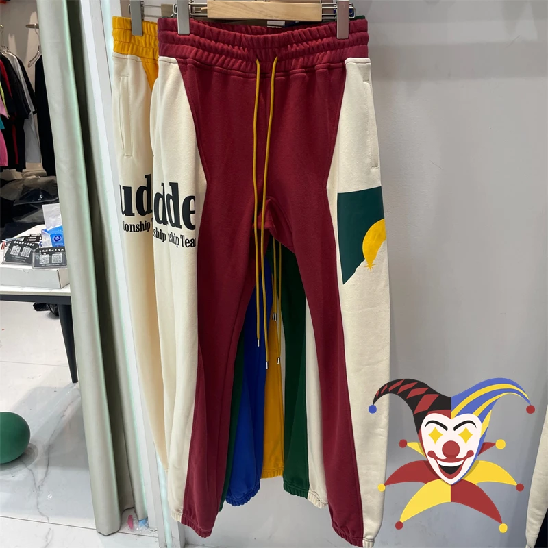 

Red Patchwork Rhude Sweatpants Men Women Jogger Drawstring Moonlight Sunset Printing RHUDE Pants