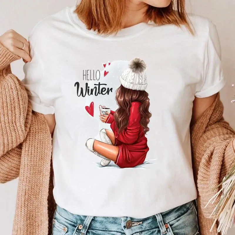 

Женская симпатичная футболка с принтом для праздника на Рождество, зиму, новый год 2022, топ, одежда с мультяшным рисунком, женская футболка с ...