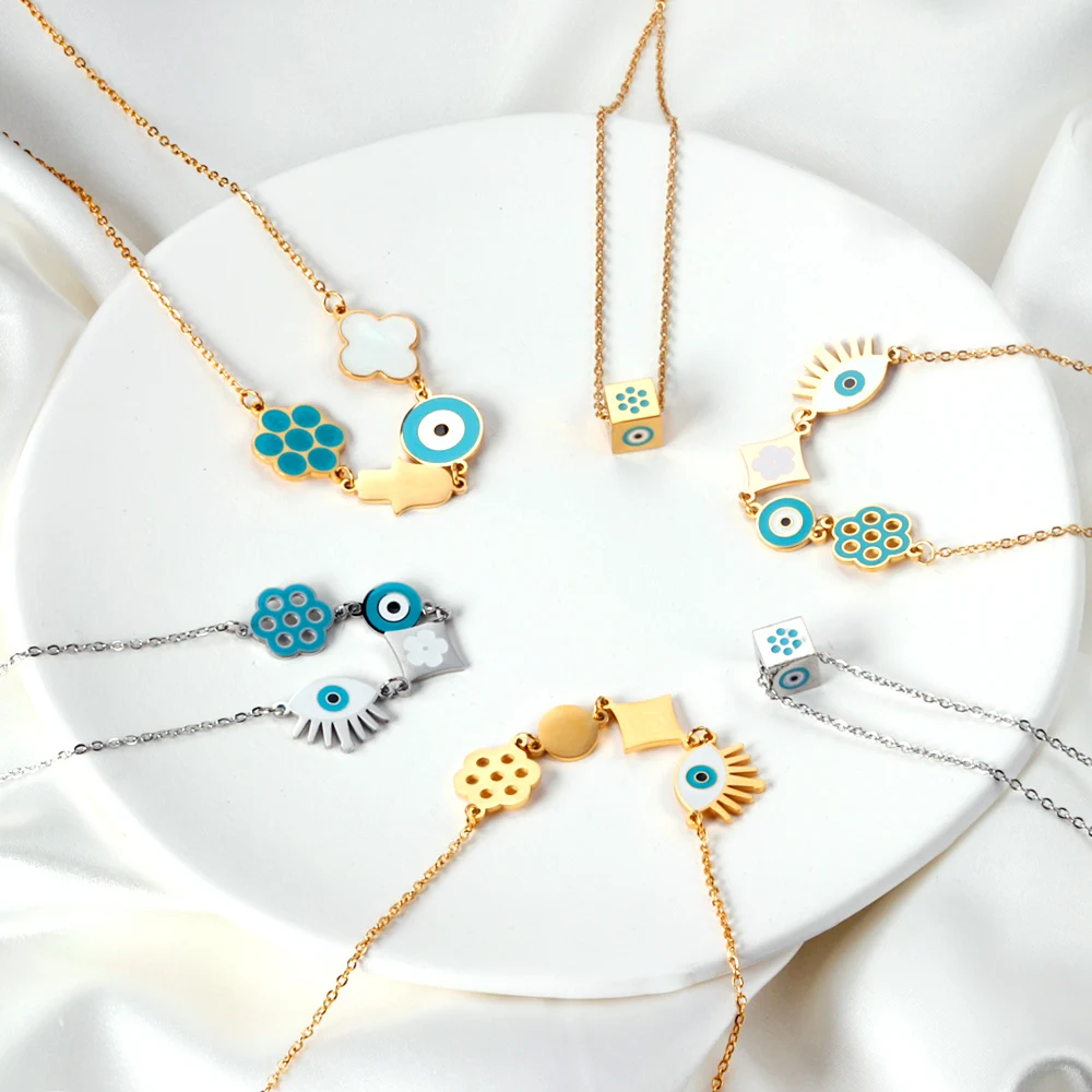 

Turkish Eyes Classy Pendant Necklaces Flower Blue Eye Hand Charms Lucky Gifts Aesthetic Clavicle Choker For Women Summer Party