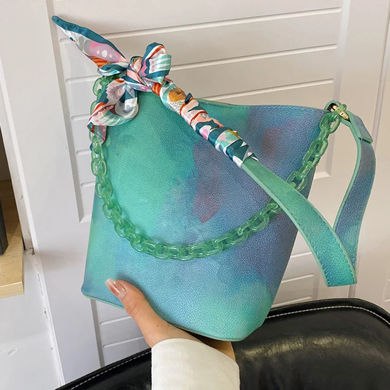 

Women's Shoulder Bags Green Orange PU Leather Crossbody Bags 2022 Ladies Bucket Bags Small Totes With Thin Belt Travel Handbags