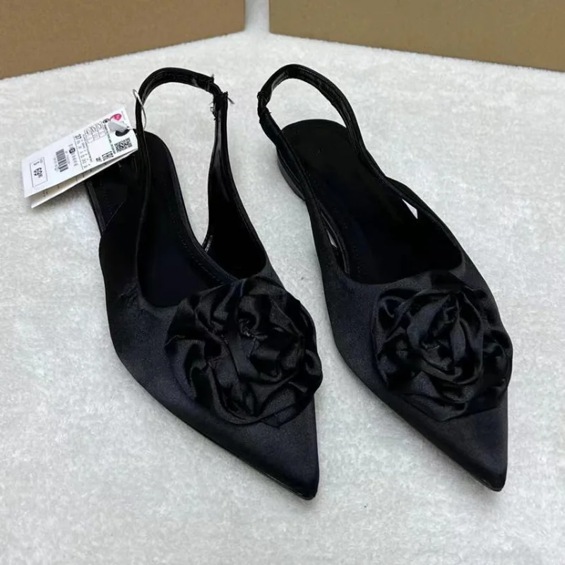 Flower Women Shoes for Party Retro Silk Flat Bottom Pointed Toe Fashion Slip-on Female Footwear 2023 Summer Ladies Sandals
