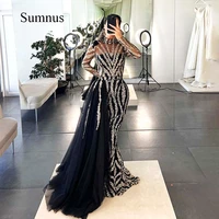 luxury black prom dress high neck long sleeve sequins beading exquisite mermaid party dresses detachable train 2022 new arrivals
