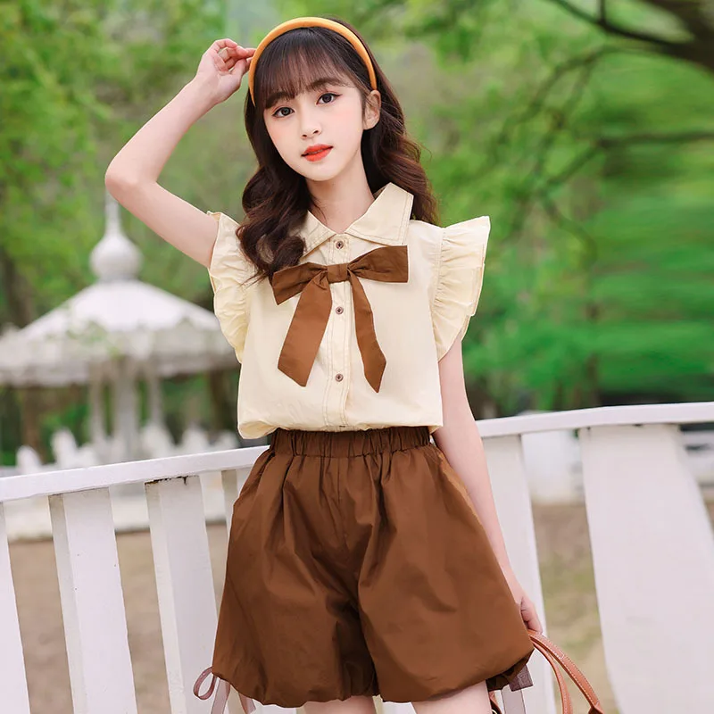 

Girls Clothes Sets Summer Teens Kids Fly Sleeve Shirt and Shorts 2Pcs Suit Bow Girls Clothing Fashion Children Outfits