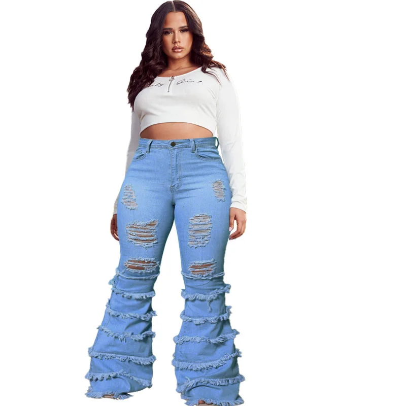 

Plus Size Jeans Slim Fit Flared Pants Layered Raw Edge Design Fashion Denim Women's Large Jeans Wash Holes Tassel New 2022