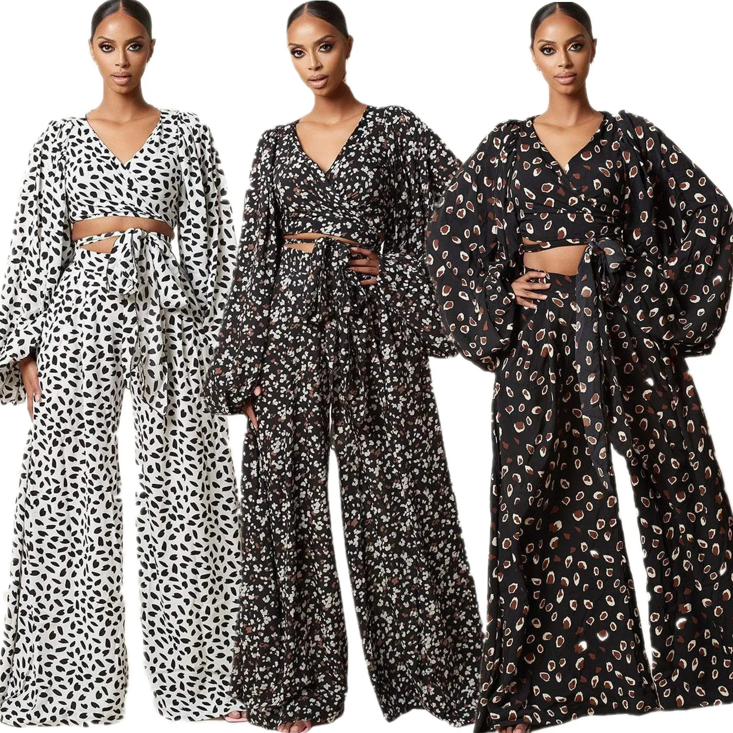 

Клубная одежда Somoshein, женский укороченный Топ с длинным рукавом-фонариком, широкие брюки, бандажный комплект из двух предметов с принтом, оп...