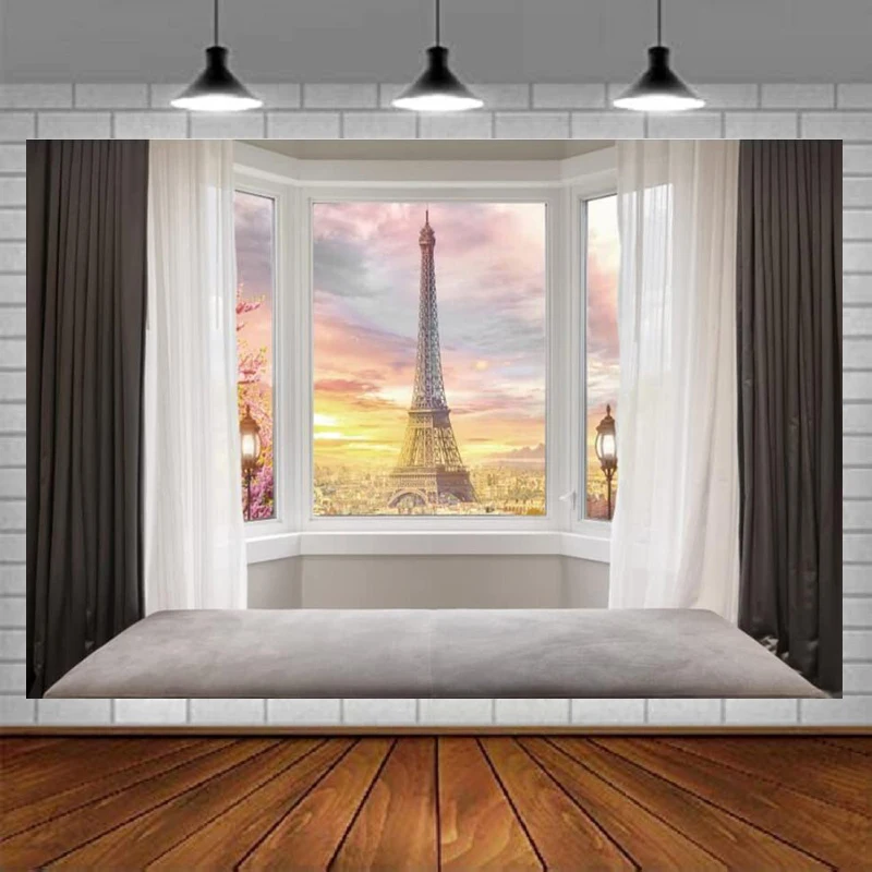 

Paris Eiffel Tower Photography Backdrop Sunset View Outside Balcony Window Background Black And White Curtains France Style