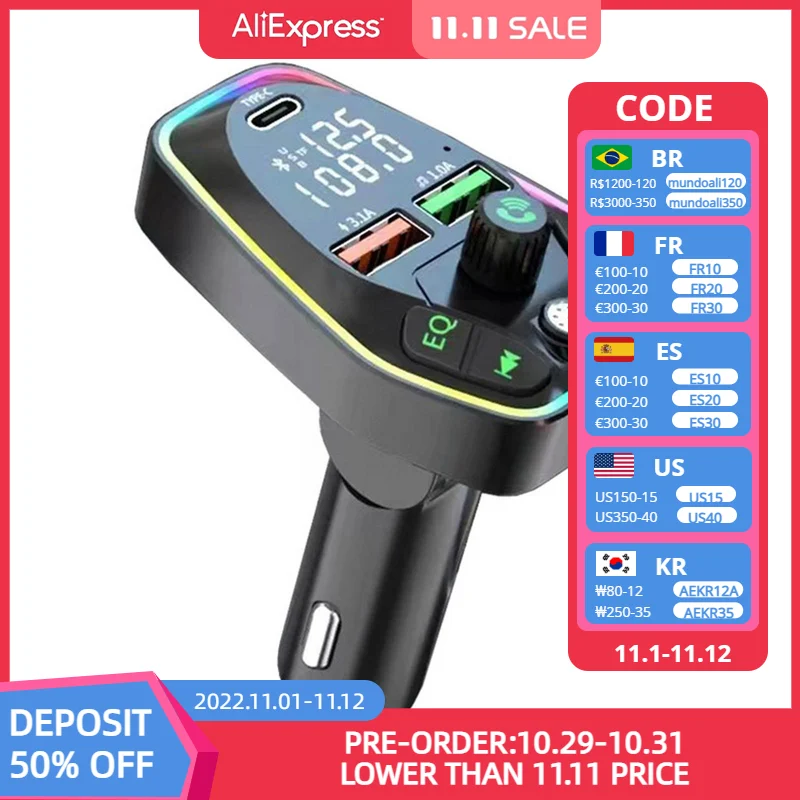 

FM-трансмиттер автомобильный, Bluetooth 5,0, USB, TF