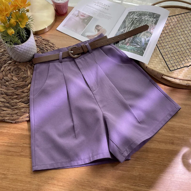 

2022 Summer Women Suit Shorts High Waist Pocket Loose A-line Wide Leg Suit Shorts Solid Female Casual Shorts