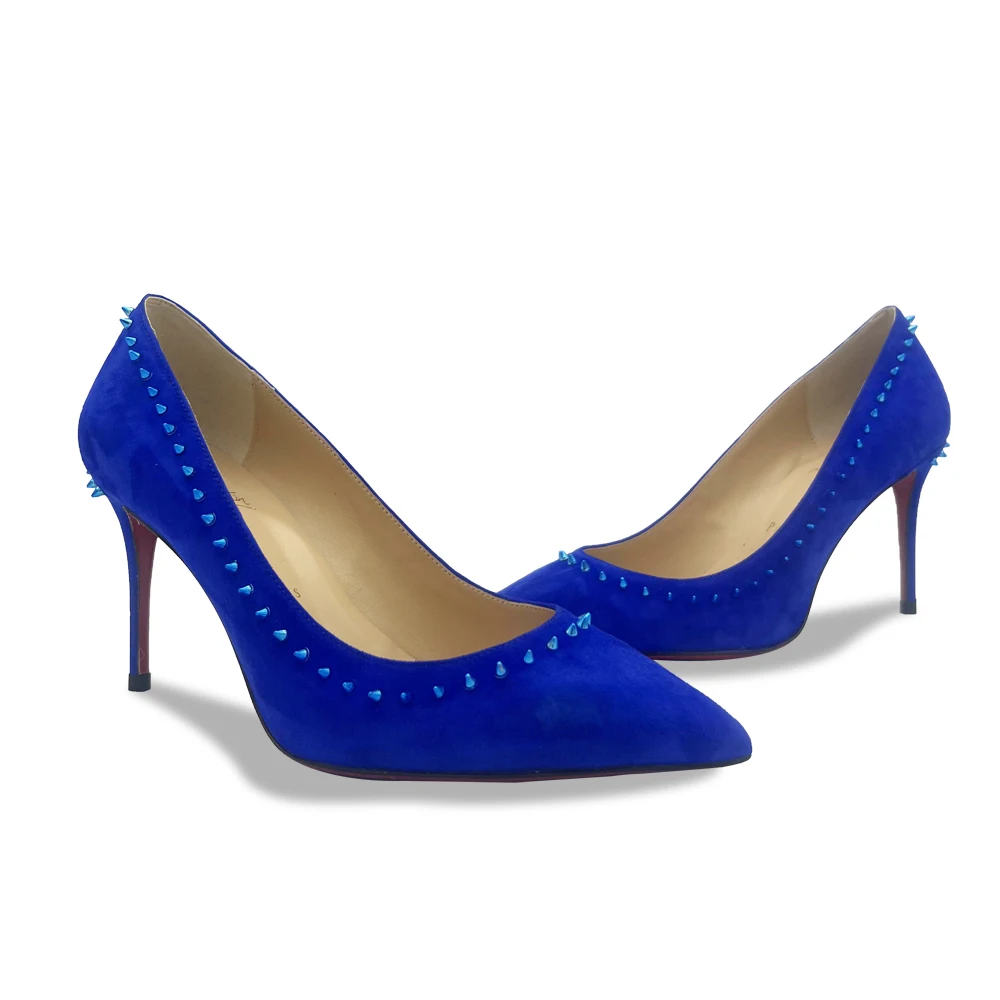 

Luxury Women's Red Bottom Shoes Rivet Decoration Pointed Toe Pumps Blue Cow Suede Fabric Designer High Heel Party Sexy Woman