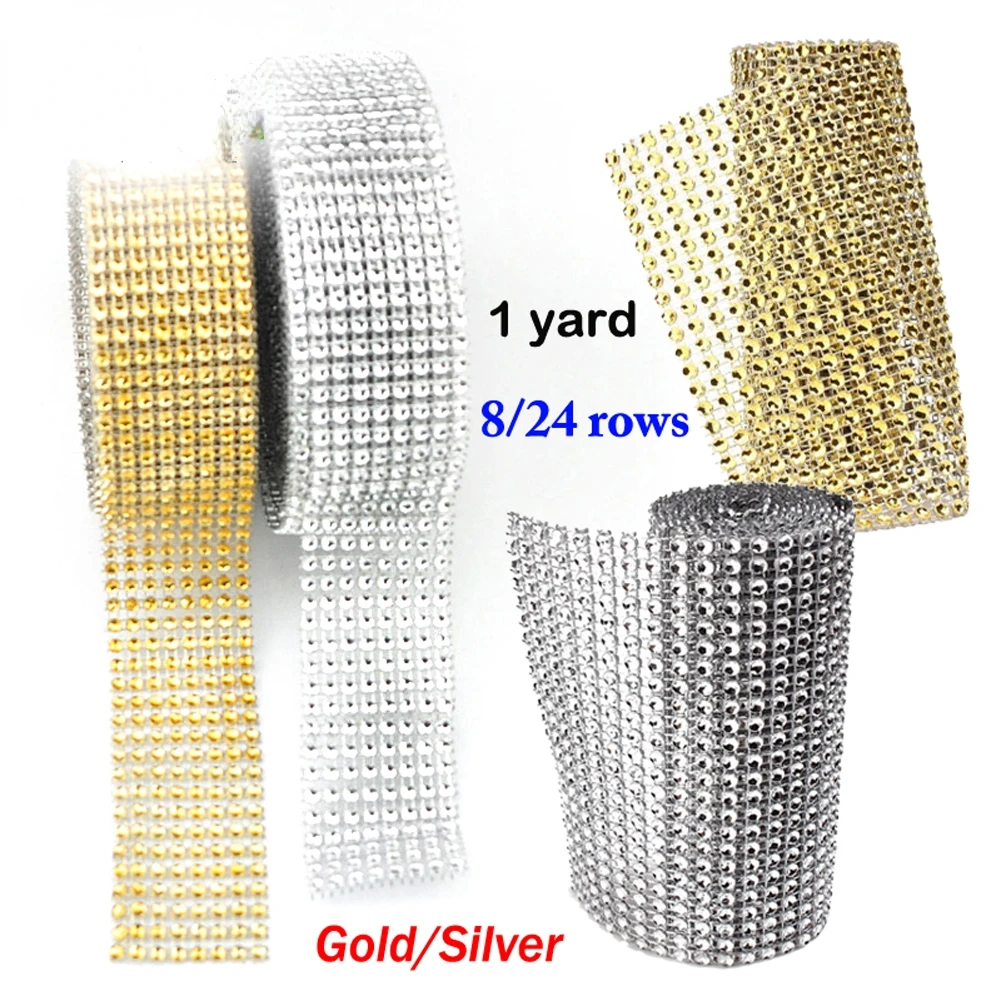 

Yard /Roll Silver Gold Crystal Diamond Mesh Rhinestone Ribbon for Wedding Party Gift Vase Floral Decoration Products Decor