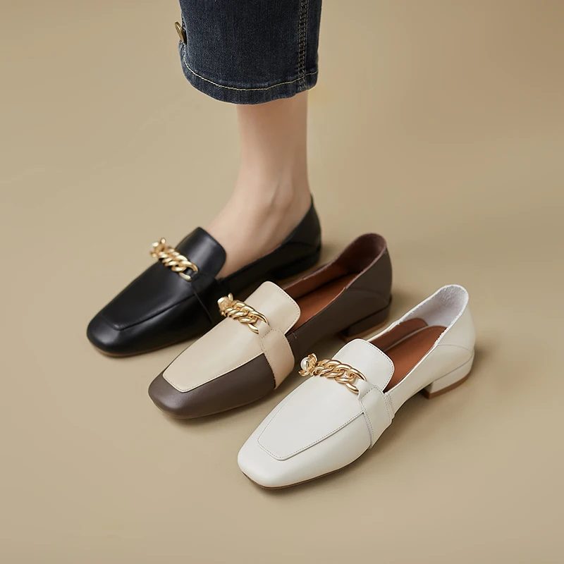

2023 new spring women pumps natural leather 22-25cm length cowhide+pigskin full leather Vintage Metal chain loafers women shoes