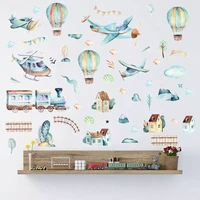 hand paint watercolor cartoon airplane train wall stickers hot air balloon stickers for kids room nursery decoration wall decals