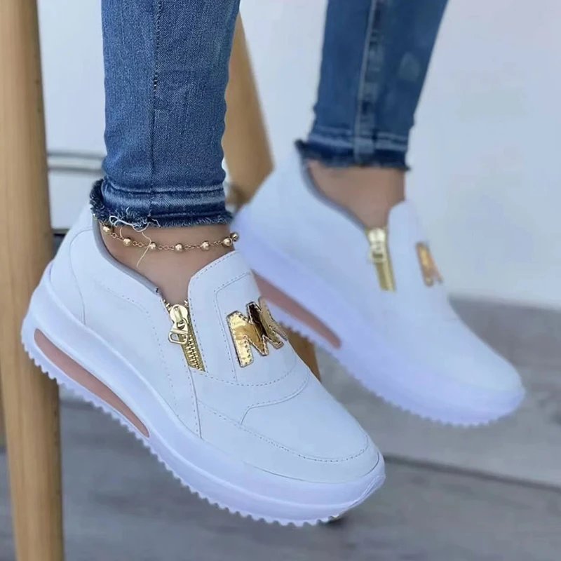 

Vulcanized Shoes for Women Side Zipper Platform Tennis Female Sneakers Flat Shoes Solid Pu Leather Non Slip Shoe Chaussure Femme