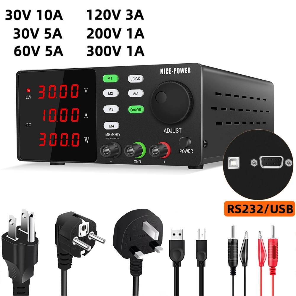 

NICE-POWER Programmable RS232 DC Lab Power Supply Adjustable 30V 10A Bench Power Source Stabilized Voltage Regulator 0-360V