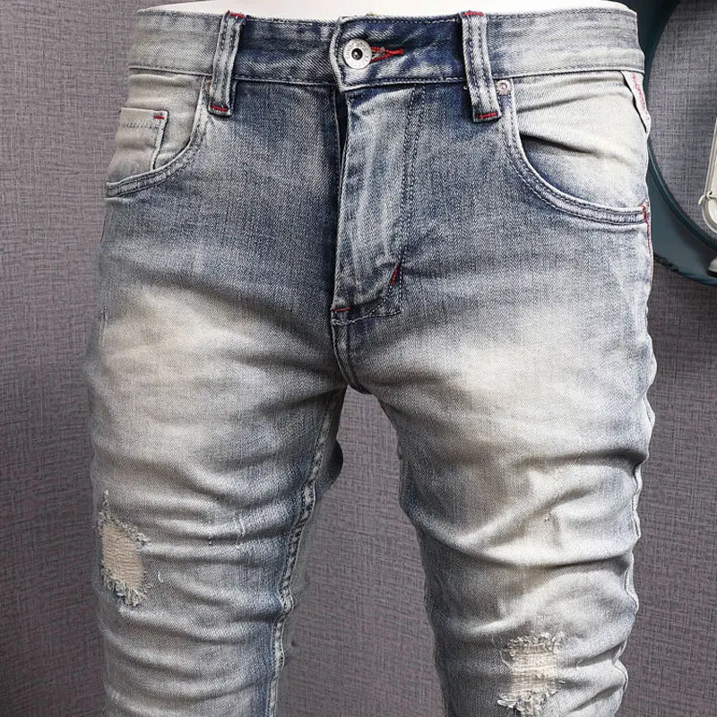 Fashion Designer Men Jeans Retro Light Blue Elastic Slim Fit Ripped Jeans Men Vintage Trousers Patched Casual Denim Pants Hombre