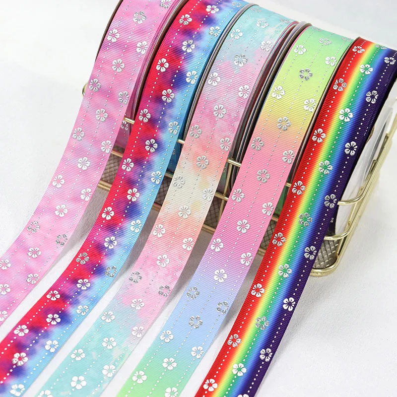 10Yards 25mm Heat Transfer Gradient Silver Foil Sakura Flower Printed Grosgrain Ribbon For Gift Wrapping Hair Accessories