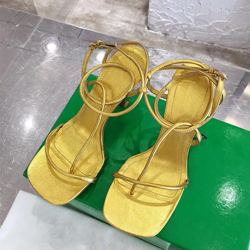 

Сандалии женские с квадратным носком, босоножки на высоком каблуке, роскошные дизайнерские туфли-лодочки с узким ремешком, золотистые, ML20, л...