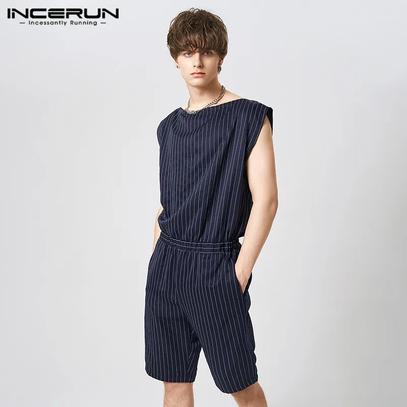 

INCERUN Men Jumpsuits Striped Off Collar Sleeveless Elastic Waist Casual Rompers Streetwear 2023 Male Playsuits Overalls S-5XL
