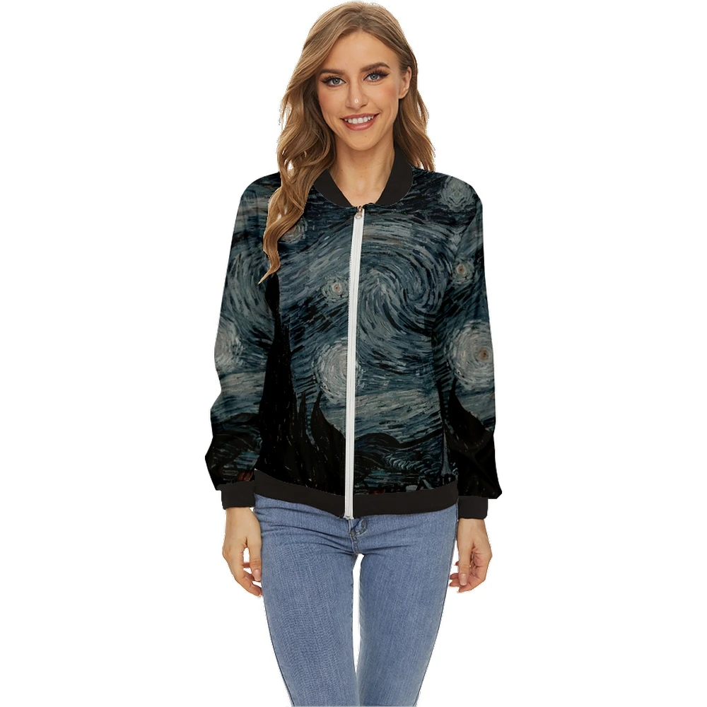 

Women's Jackets Artistic Oil Painting Tops Long-Sleeved Baseball Collar Zipper Coat Slim Lady Girls Jacket Street Style 7