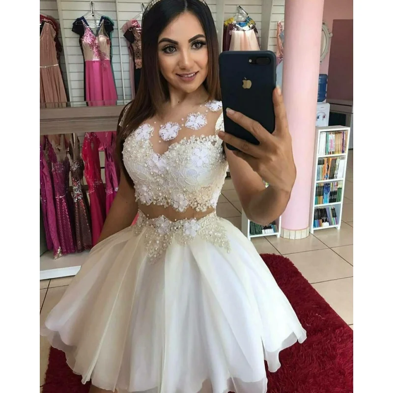 

Elegant 2 Pieces Short A-Line Lace Homecoming Dresses Tulle Knee Length Zipper Back Graduation Dresses for Juniors