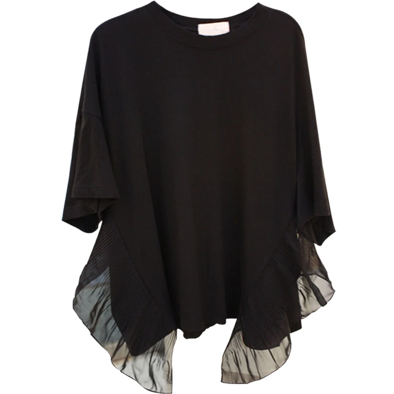 

VANOVICH 2022 Summer New Korean Style Loose Pleated Ruffled Patchwork Short-sleeved T-shirt Women's Casual Thin Solid Color Top