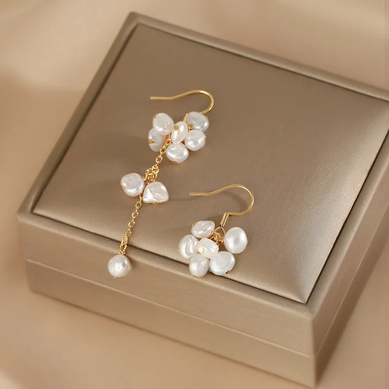 

Minar Elegant Baroque Freshwater Pearl Drop Earrings for Women 14K Gold Plated Copper Asymmetric Long Tassel Earring Jewelry