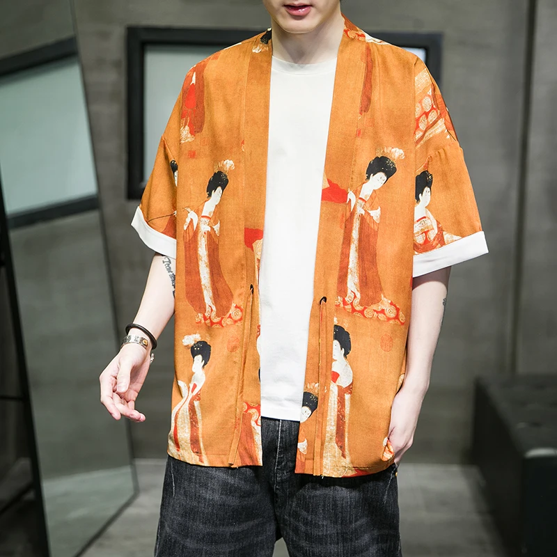 

Модный мужской Халат Hanfu с принтом в китайском стиле, кардиган, куртка, кимоно большого размера 5XL, пальто в старинном стиле для мужчин