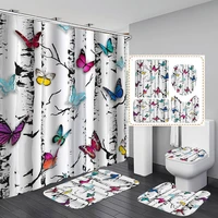 butterfly bathroom waterproof shower curtain set with 12 hooks toilet seat cover non slip mat rugs carpet washable home decor