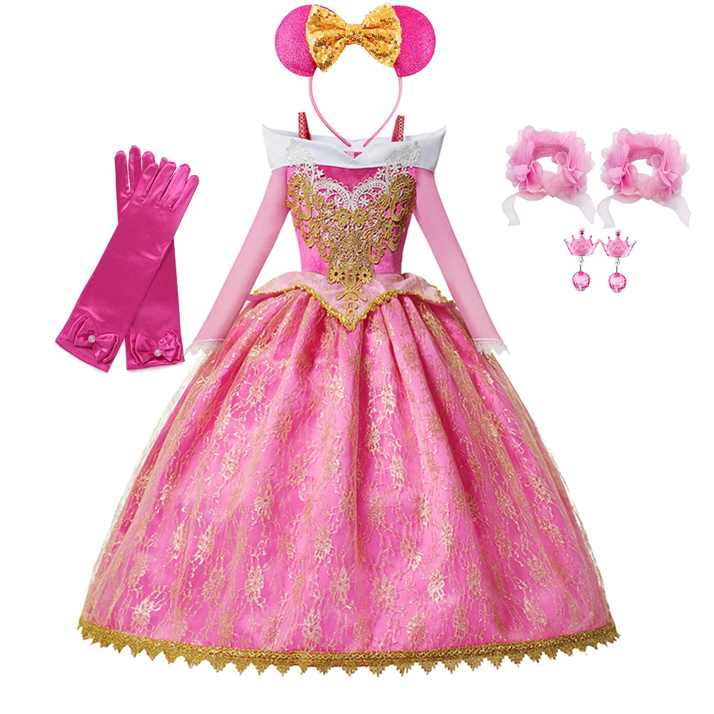 Disney Girl Princess Aurora Costume Dress for Kids Sleep Beauty Luxury Applique Ball Gown Fancy Carnival Birthday Halloween Dres