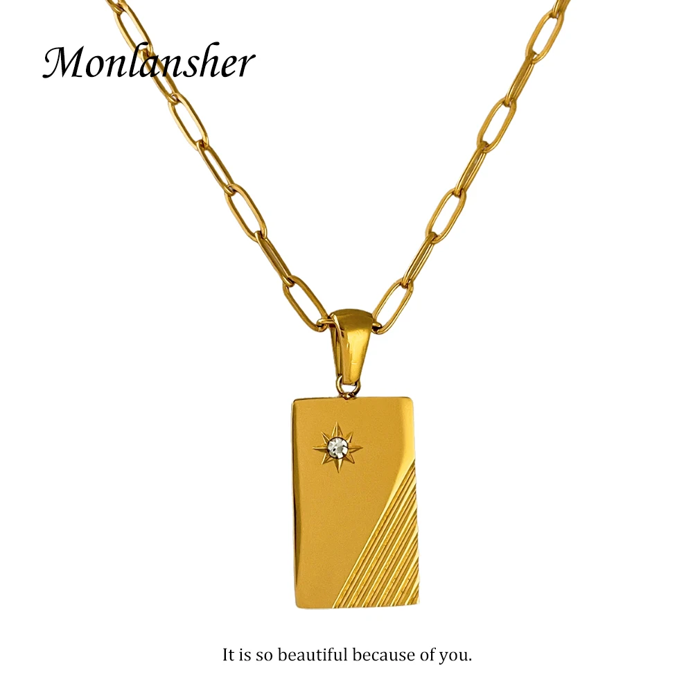 

Monlansher Trendy Glossy Square Card with Zircon Sun Pendant Necklace Gold Color Stainless Steel Chain Necklace for Women Gift