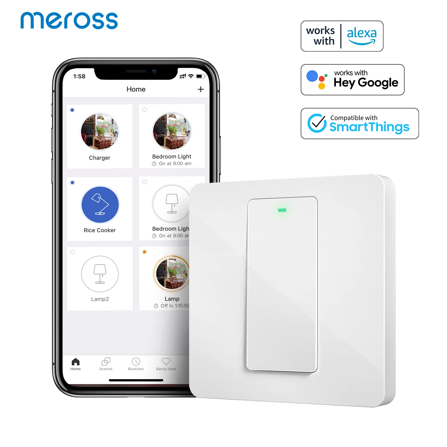 

Meross Smart Light Swith WiFi Wall Switch Wireless 1 Way Push Button Switch Work With Alexa Google Assistant SmartThings