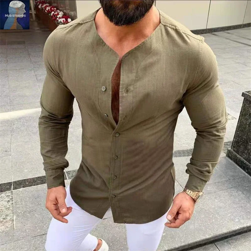 Men'S Spring Summer Long Sleeve  T-Shirt  Solid Color Versatile Shirt Slim Fashion Gentleman Handsome Trend