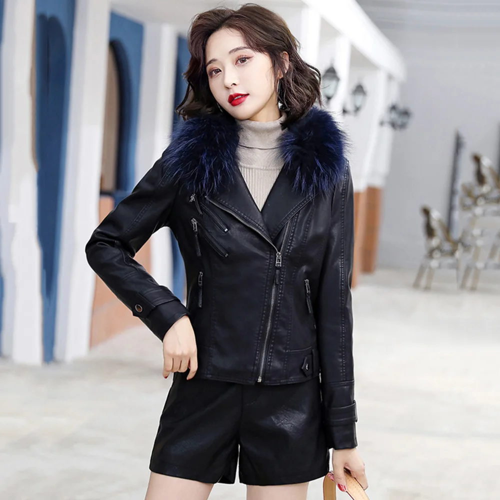 New Women Thicken Leather Jacket Autumn Winter Fashion Fox Fur Collar Plus Velvet Lining Slim Short Biker Coat Split Leather