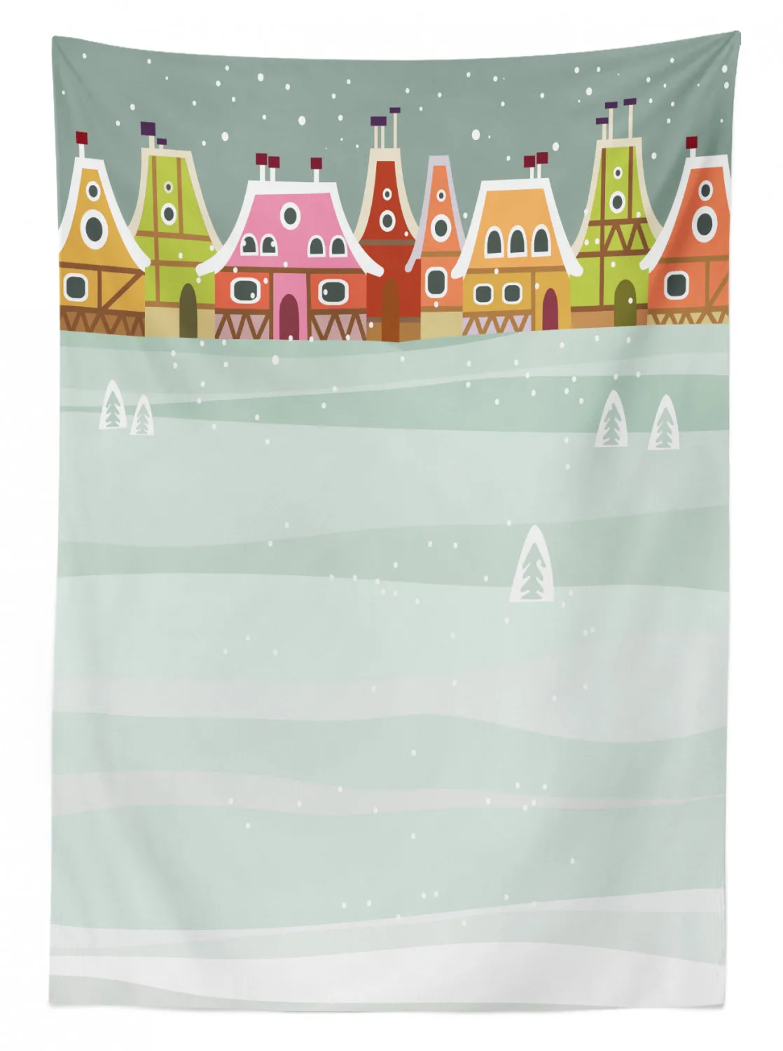 Зимняя скатерть цветные домики в стиле каракули тканевая для обеденного стола с