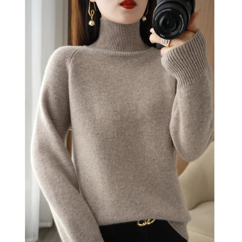 

Новинка Осень-зима 2022, кашемировый свитер, Женский однотонный пуловер с высоким воротником и длинными рукавами, вязаная нижняя рубашка