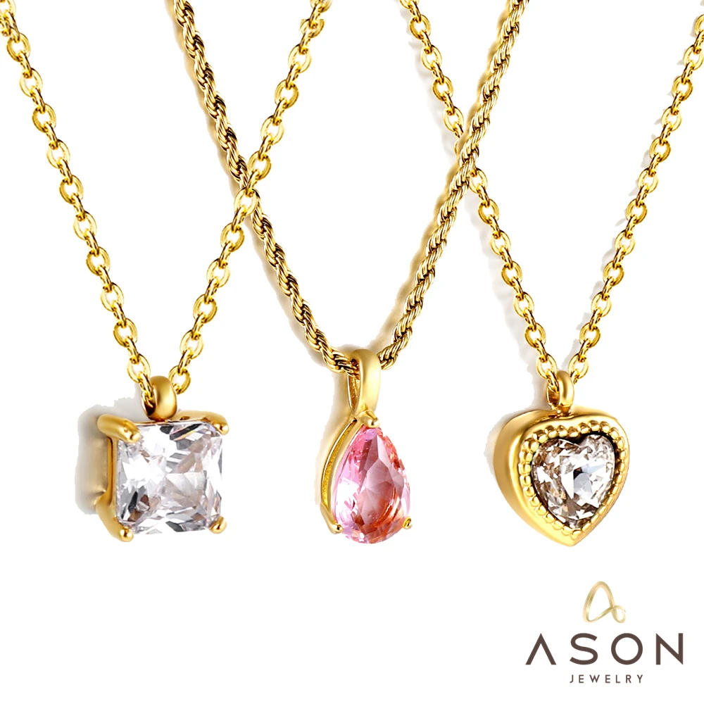 

ASONSTEEL Stainless Steel Charm Cubic Zircon Pendant Necklace Gold Color For Women Square Waterdrop Heart Jewelry 2023 Trending